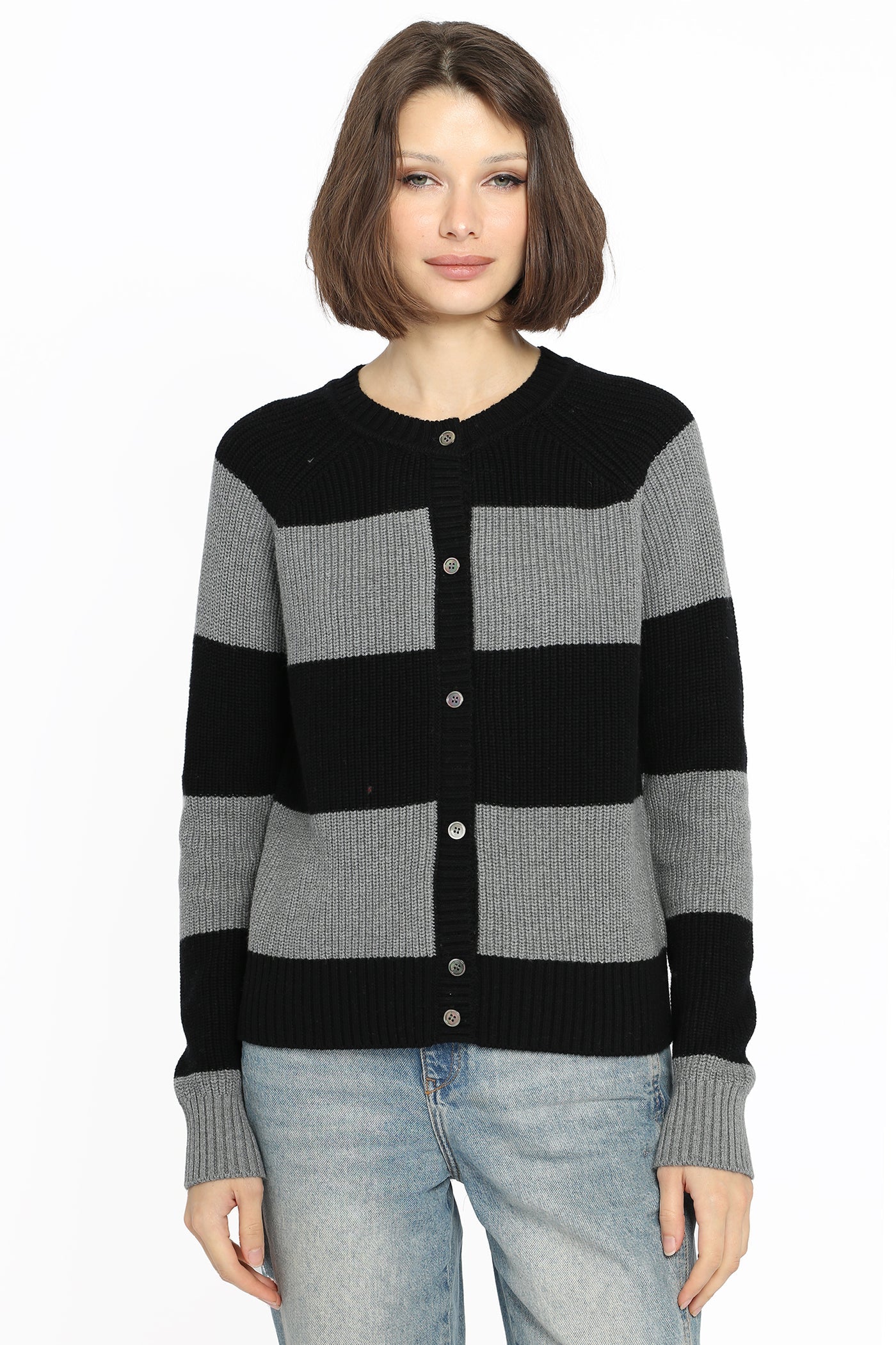 Shaker Rugby Stripe Cardigan Black/Grey Shadow – blueandcream