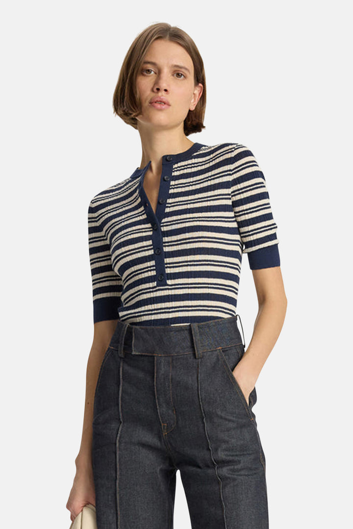 Fisher Fine Cotton Knit Top Navy/White