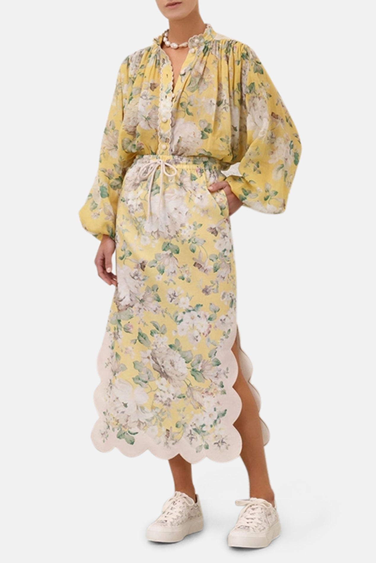 zimmermann acacia scallop midi dress Zimmermann Acacia Scallop Midi Dress Lilac Floral Spaghetti Naked Pear