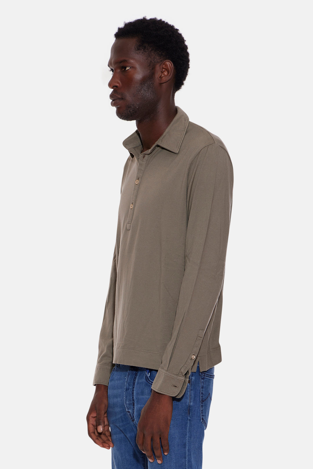 Cotton Cashmere Long Sleeve Polo Army Green