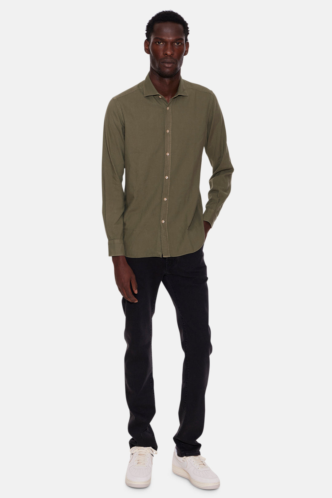 Cotton French Collar Shirt Olive