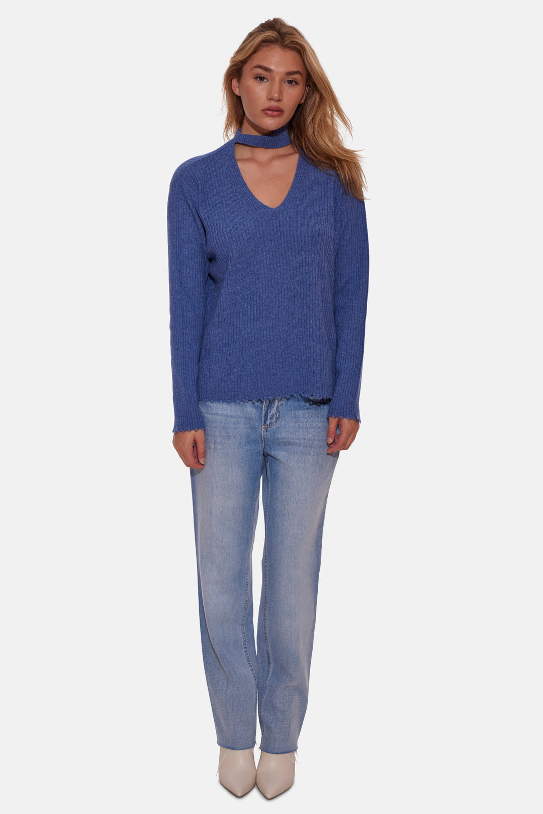 Taylor Cashmere Choker V Neck Sweater Blue Jean