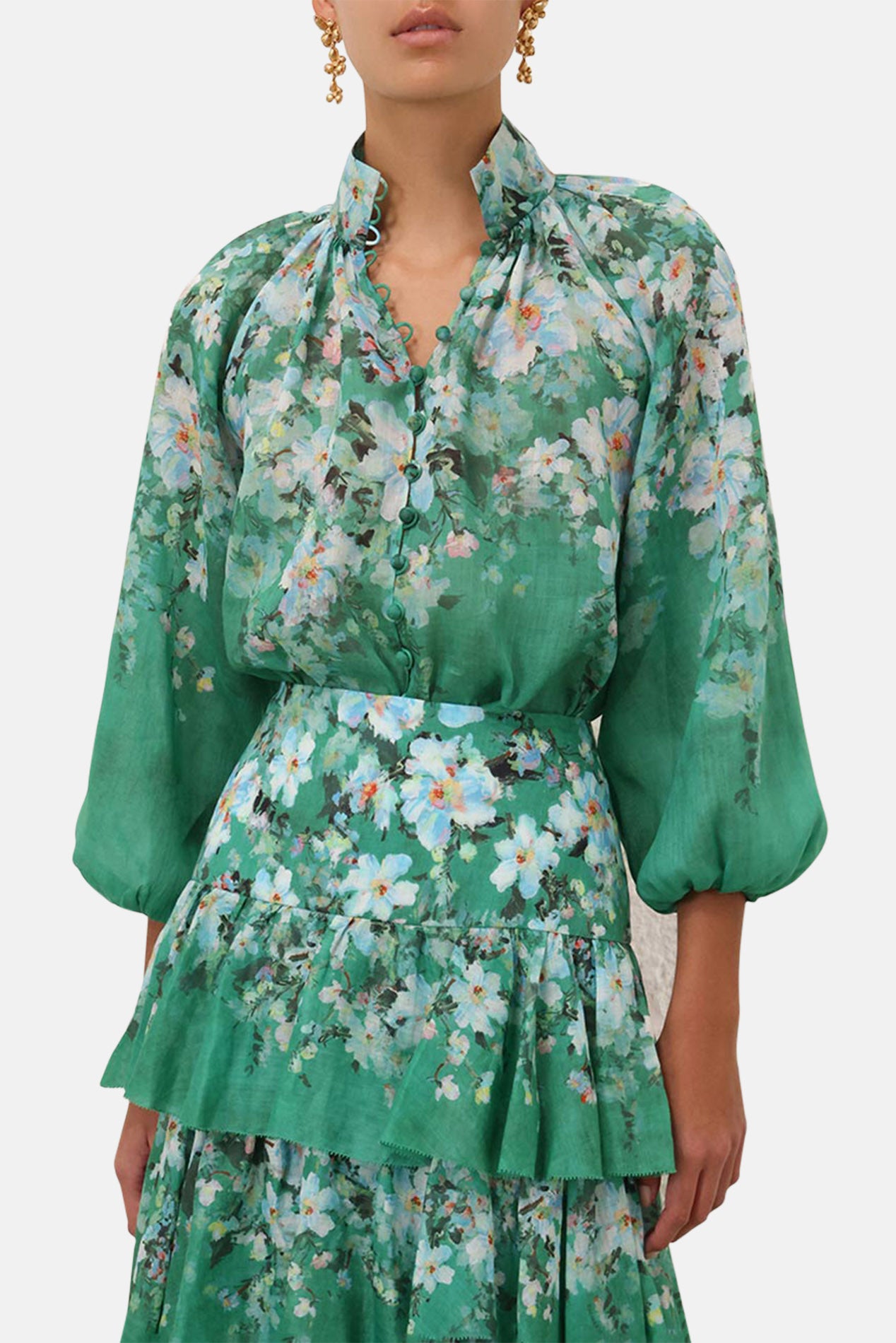 Zimmermann Everley Billow Blouse Green Watercolour Floral