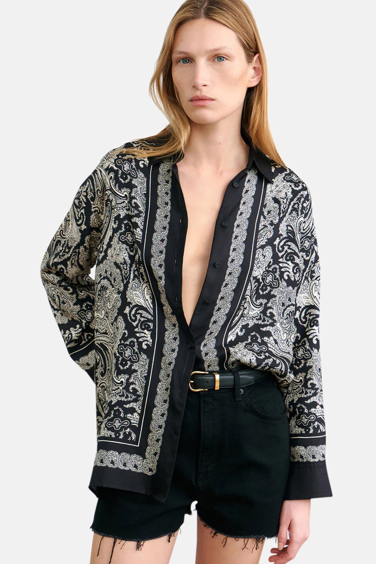 Nili Lotan Alfie Printed Shirt Black/Ivory Paisley Scarf 