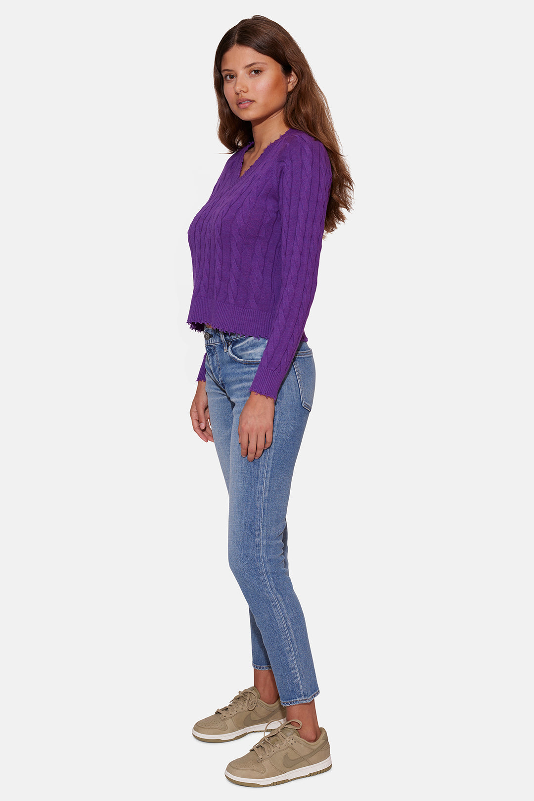 Amber Cable V Neck Sweater Purple