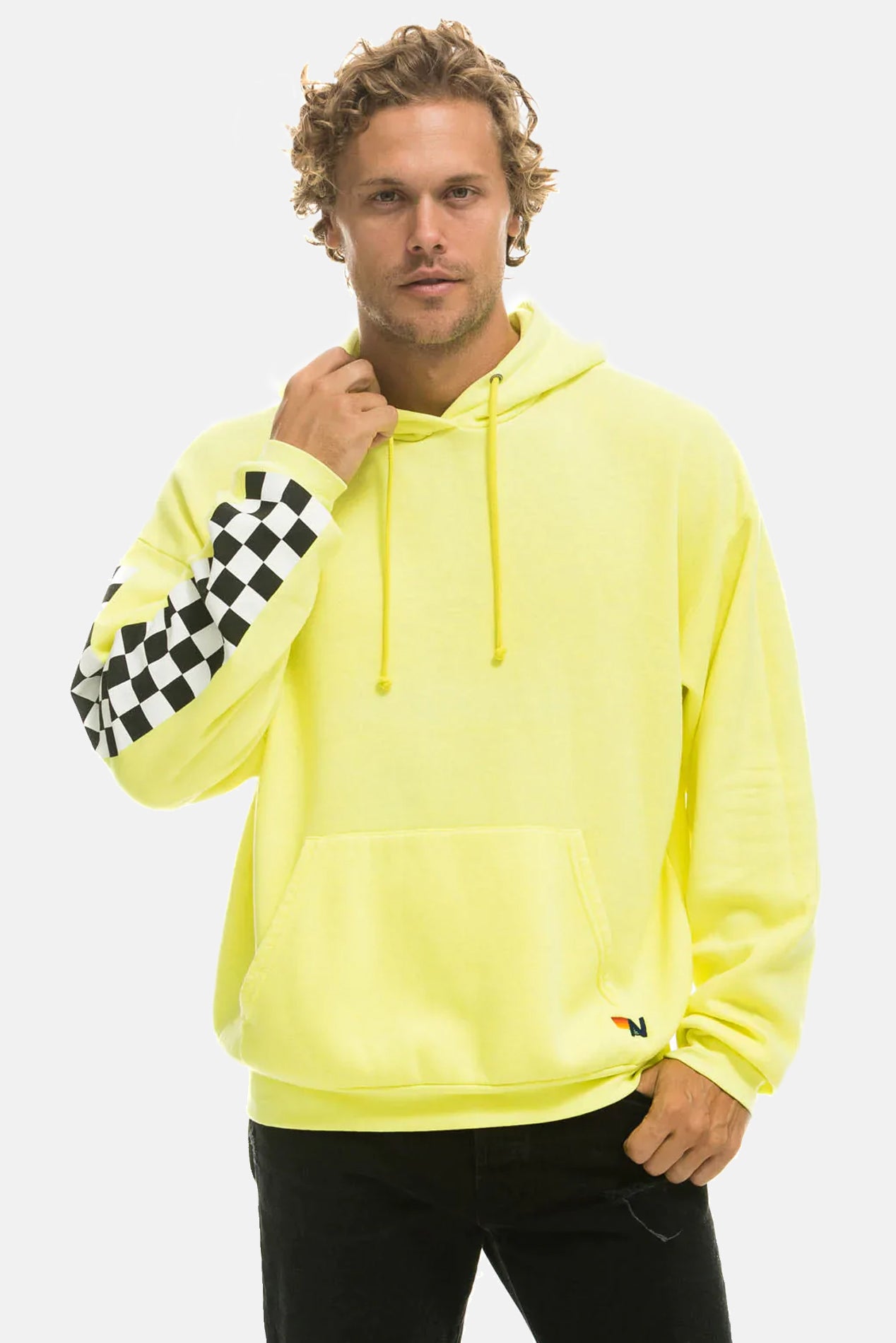 Men s Relaxed Check Sleeve Hoodie Neon Yellow blueandcream