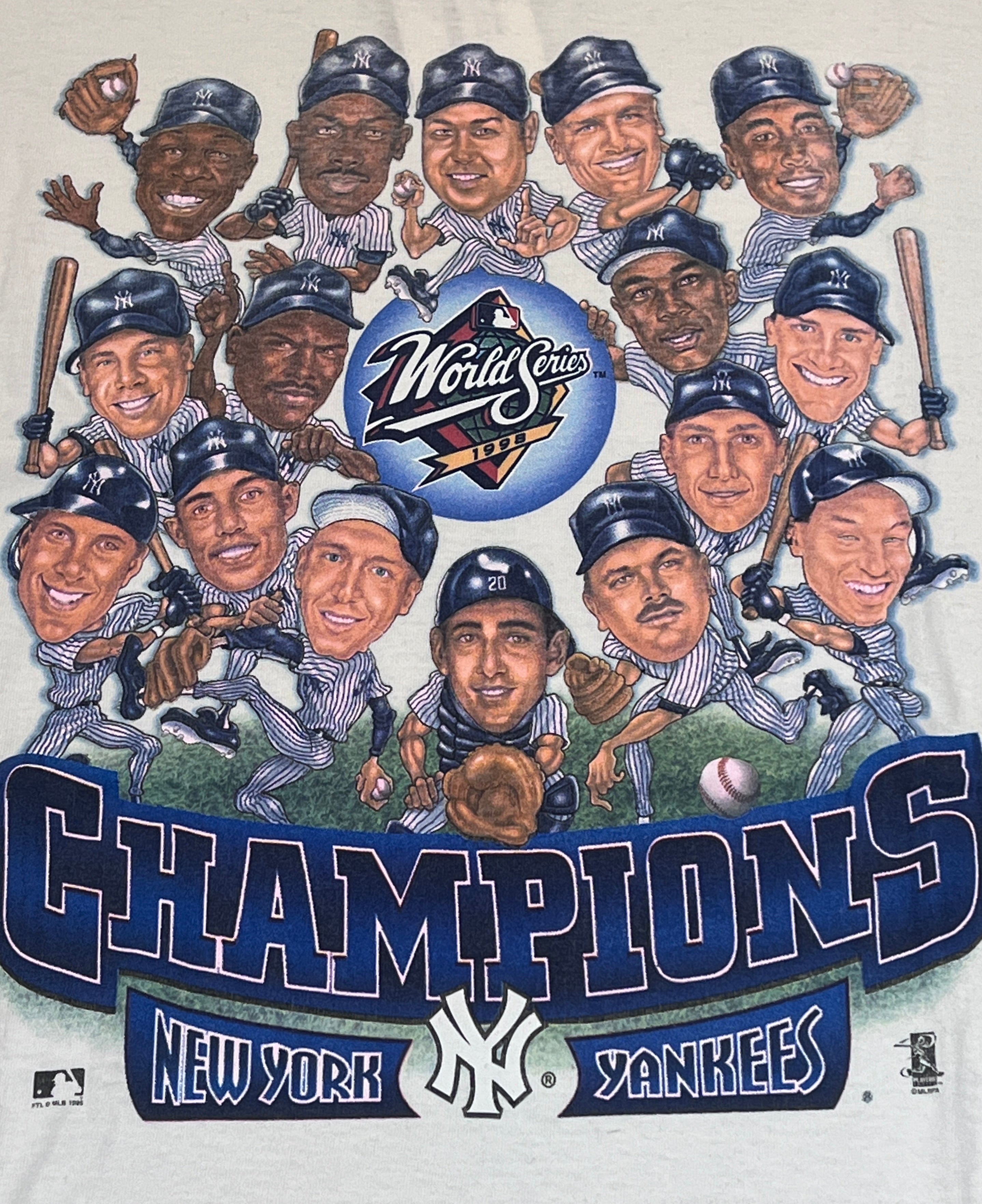 Blue&Cream Vintage 1998 Yankees World Series Cartoon Graphic T-Shirt White, Size XL - T-shirts
