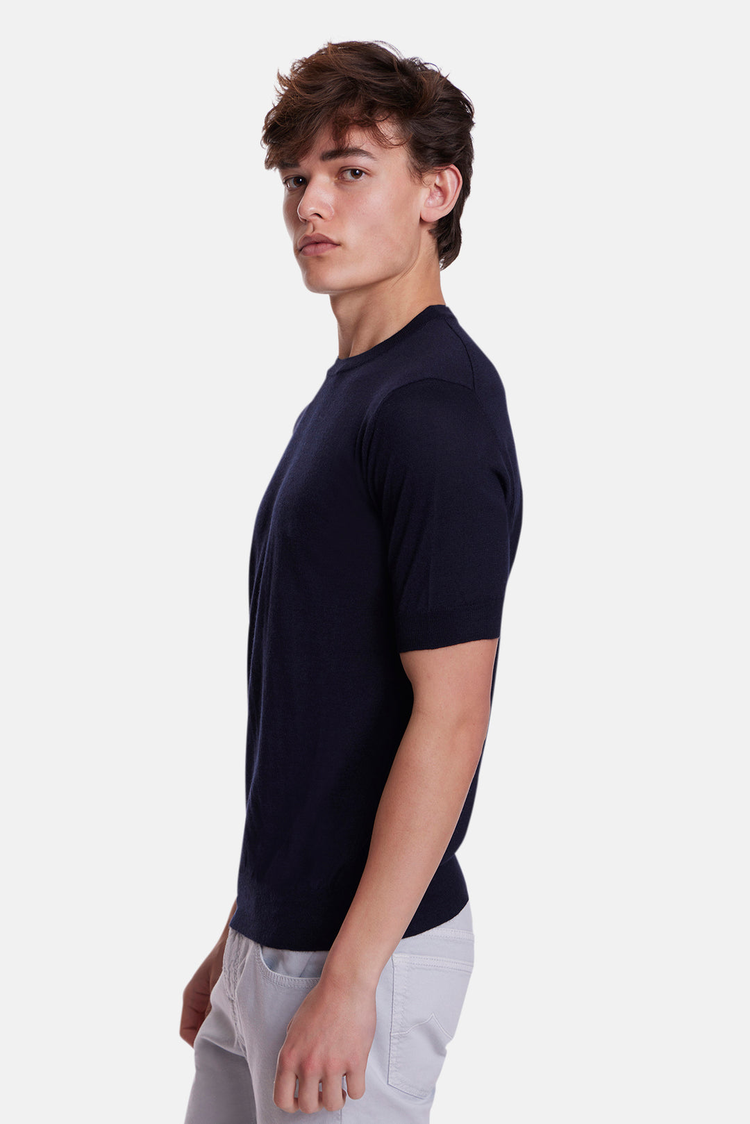 140's Silk Cashmere Short Sleeve Crew Navy