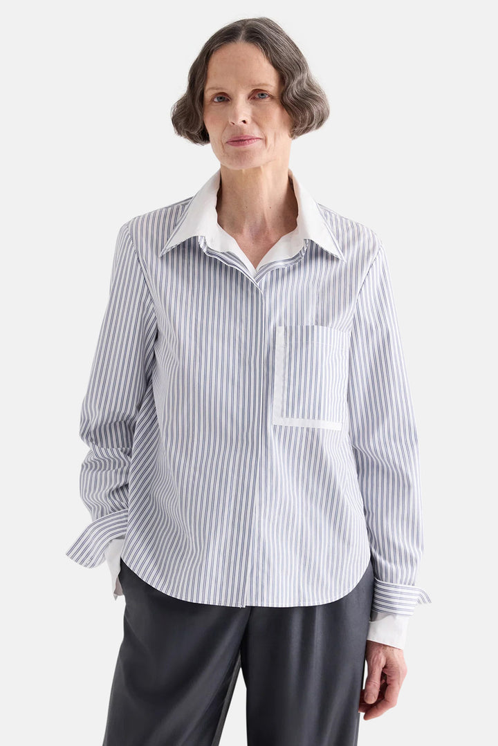 Double Layer Boyfriend Shirt in White/Navy Stripe