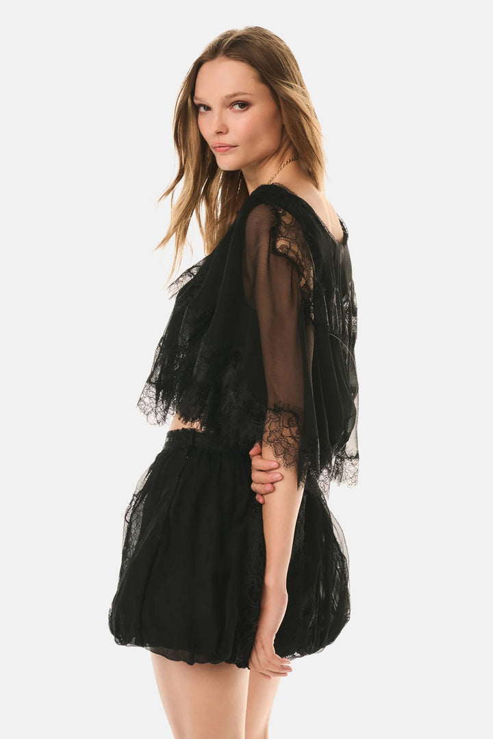 Thessisa Silk Lace Cropped Shawl Blouse Black