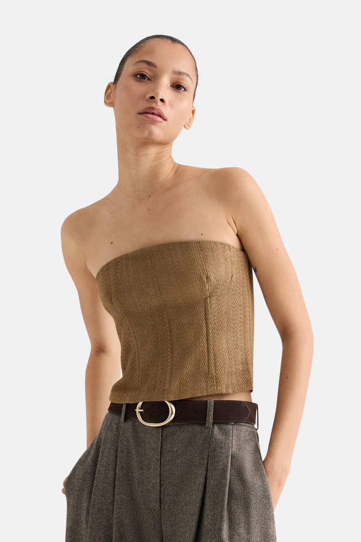 Jillian Chevron Bustier in Linen-Blend Kelp