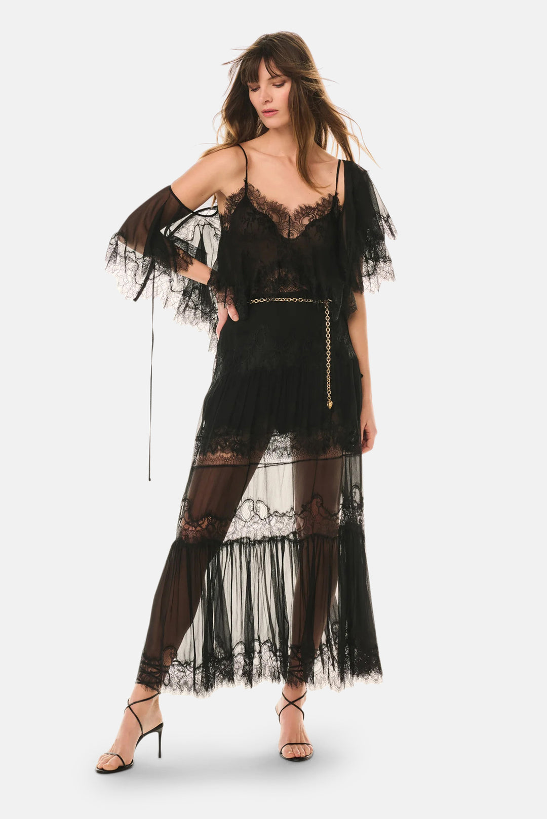 Thessisa Silk Lace Cropped Shawl Blouse Black