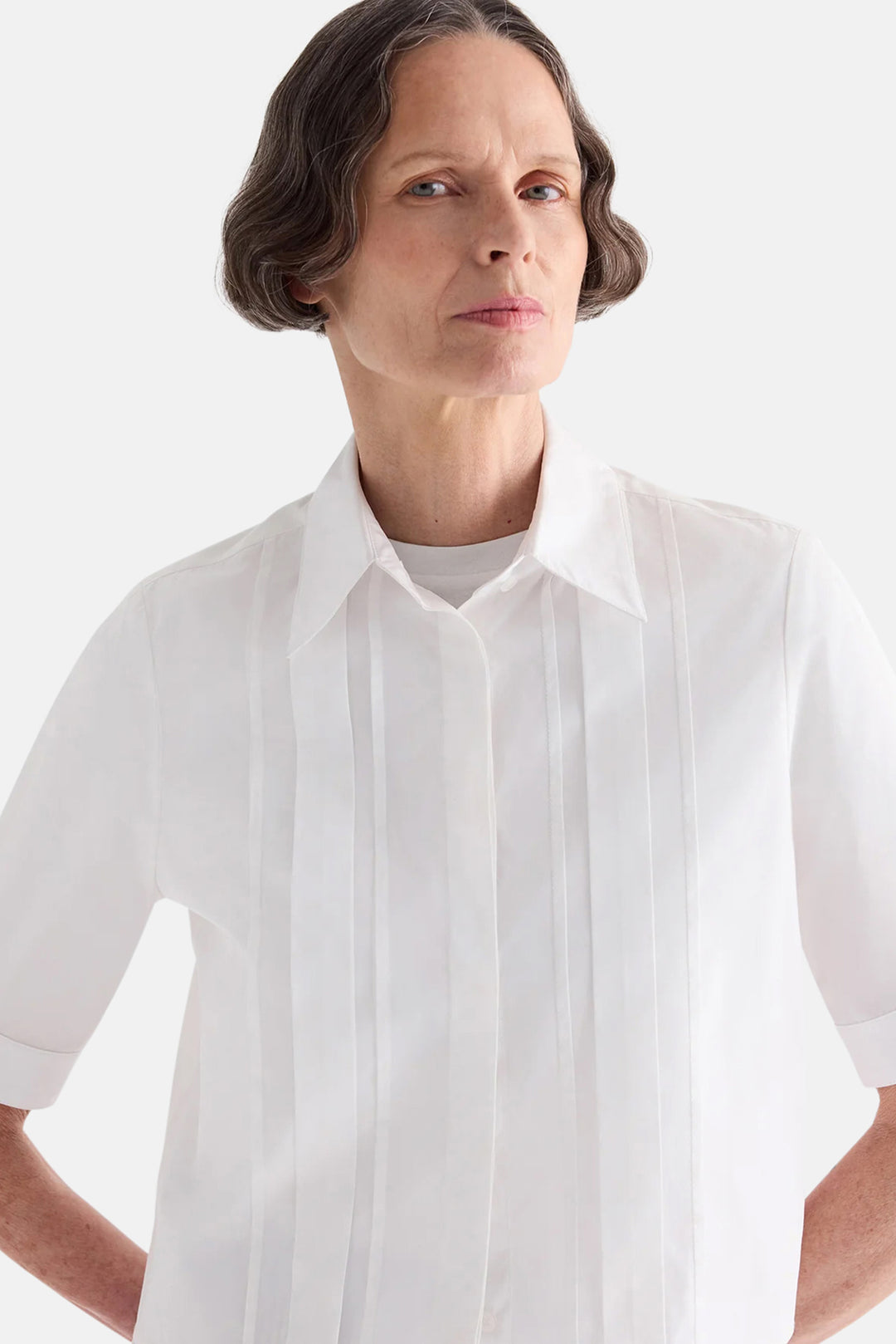 Short Lived Shirt w/ Pleated Placket in Super Compact Poplin White