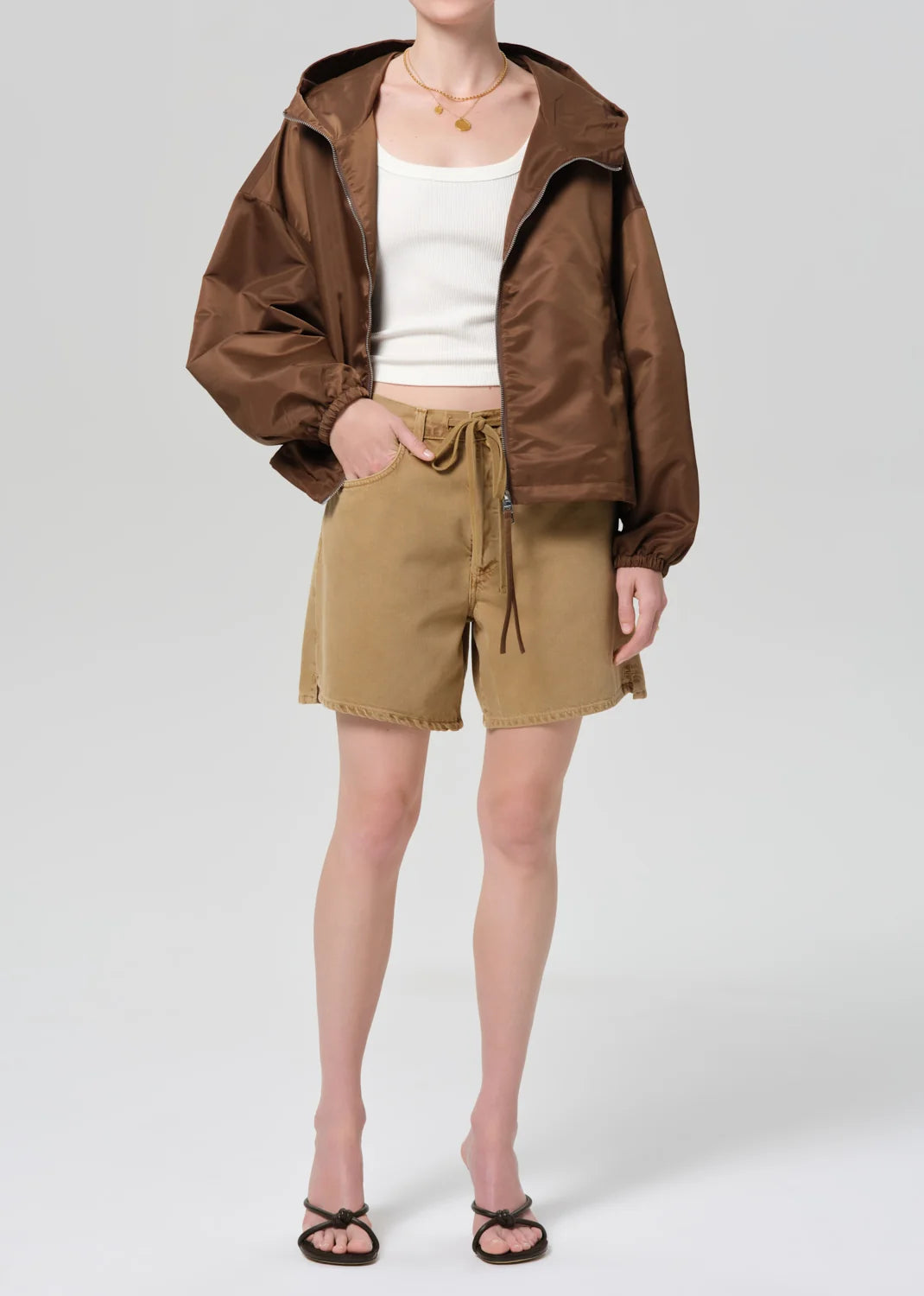 Cropped Nylon Windbreaker in Brown