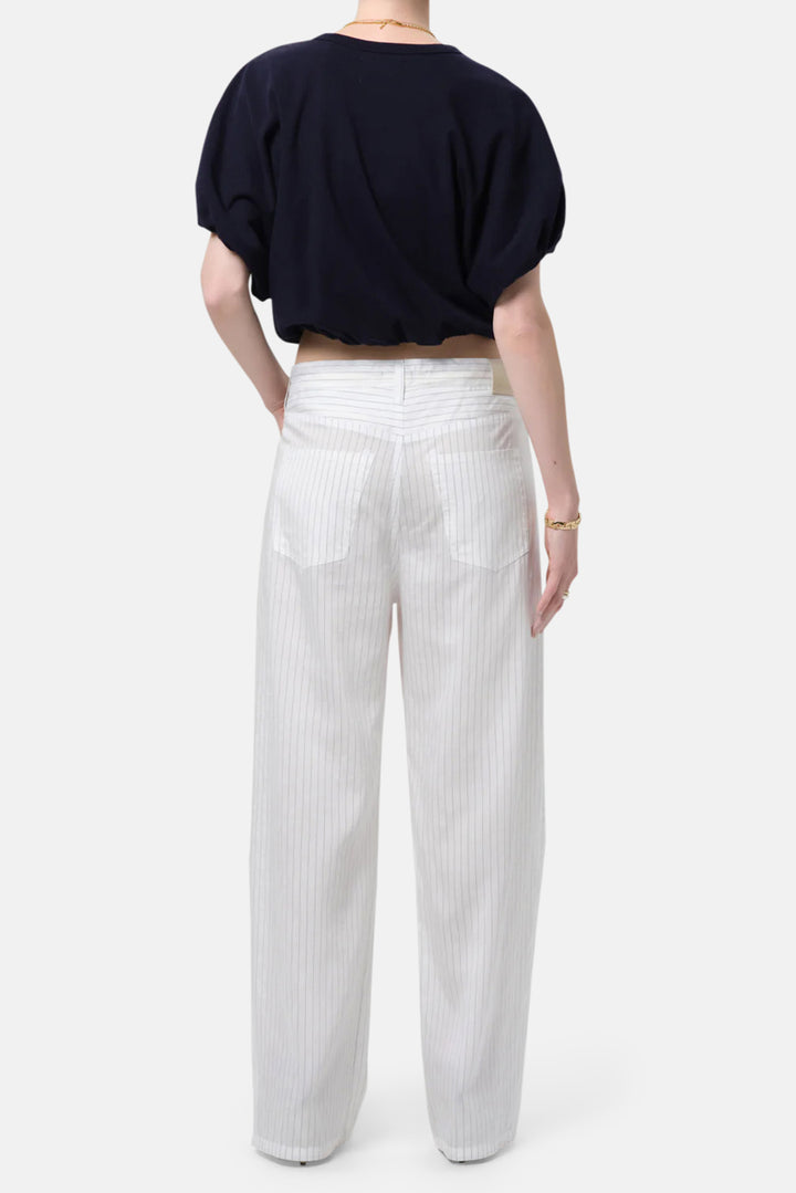 Brynn Drawstring Linen Trouser in Black Pinstripe