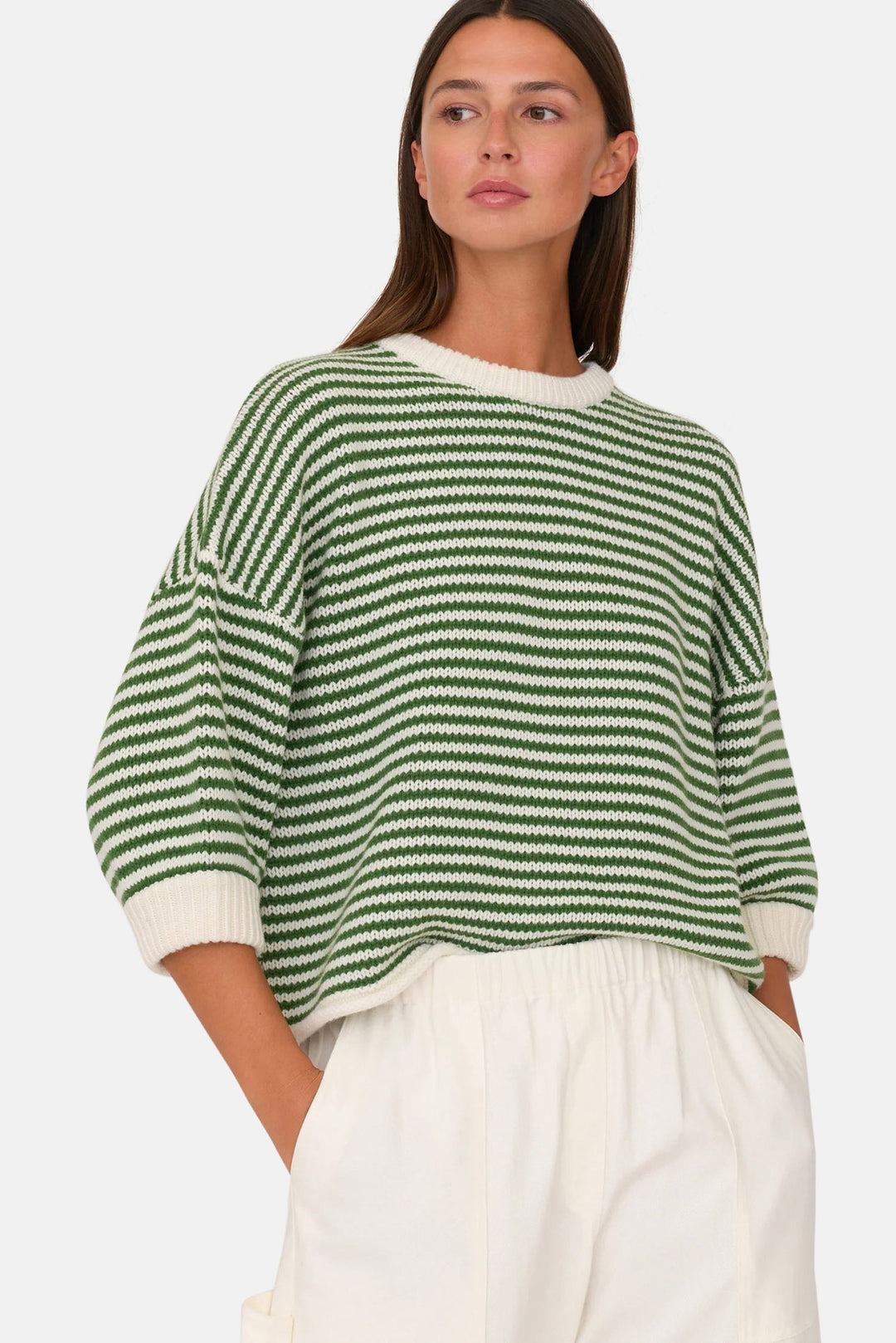 3/4 Sleeve Sweater Green Stripe
