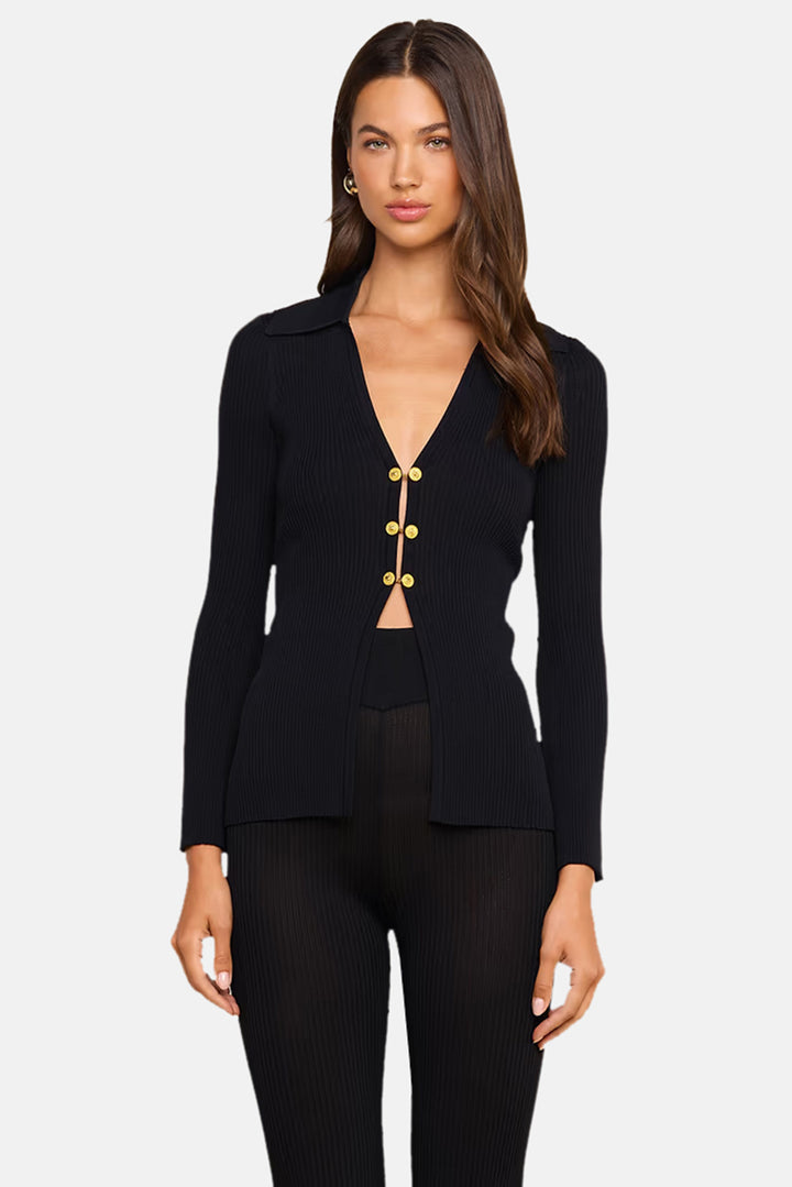 Kaye Rib Collared Cardigan Black/Gold