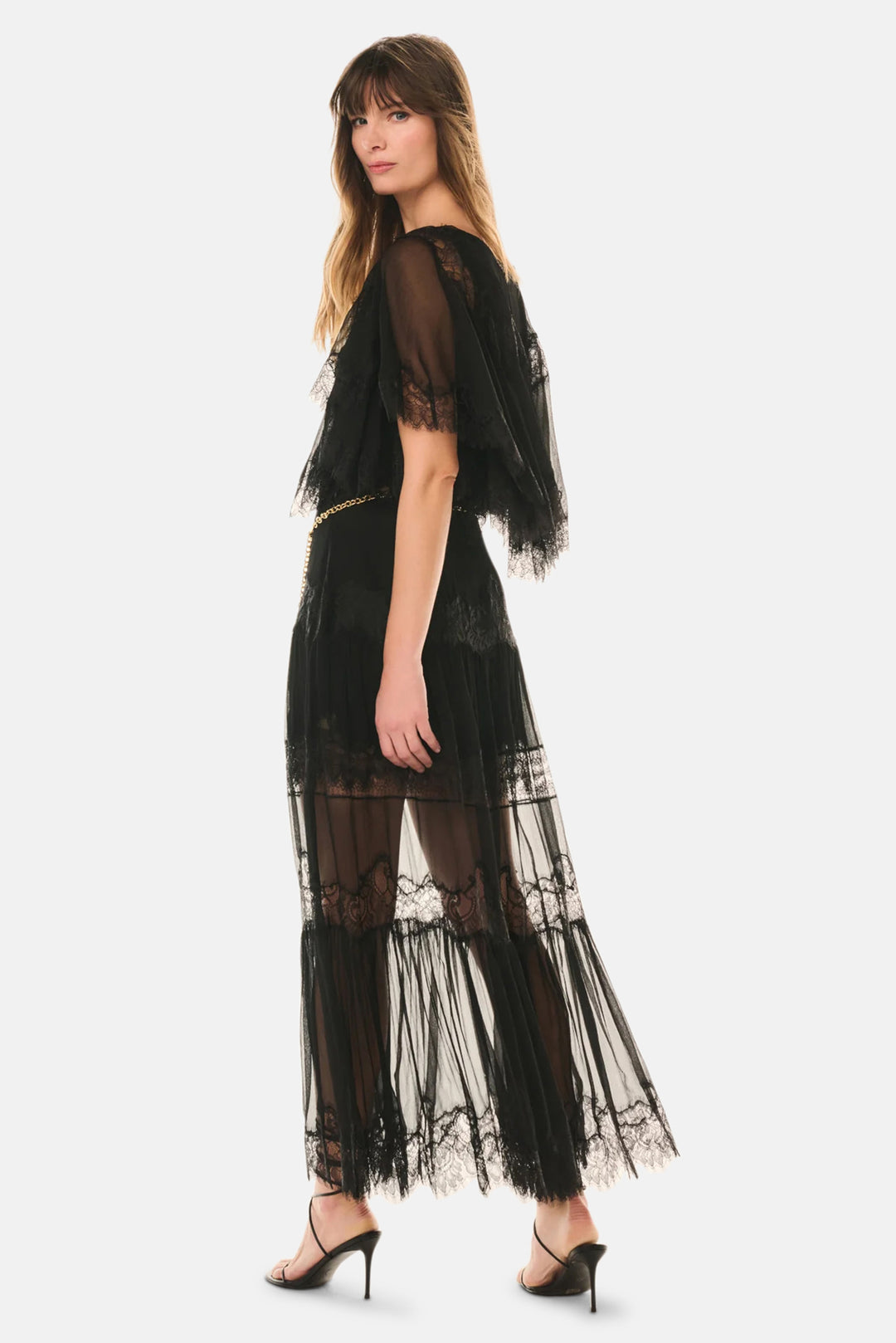 Aureline Silk Lace Pleated Maxi Skirt Black