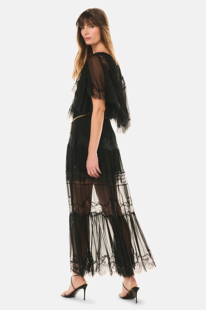 Aureline Silk Lace Pleated Maxi Skirt Black