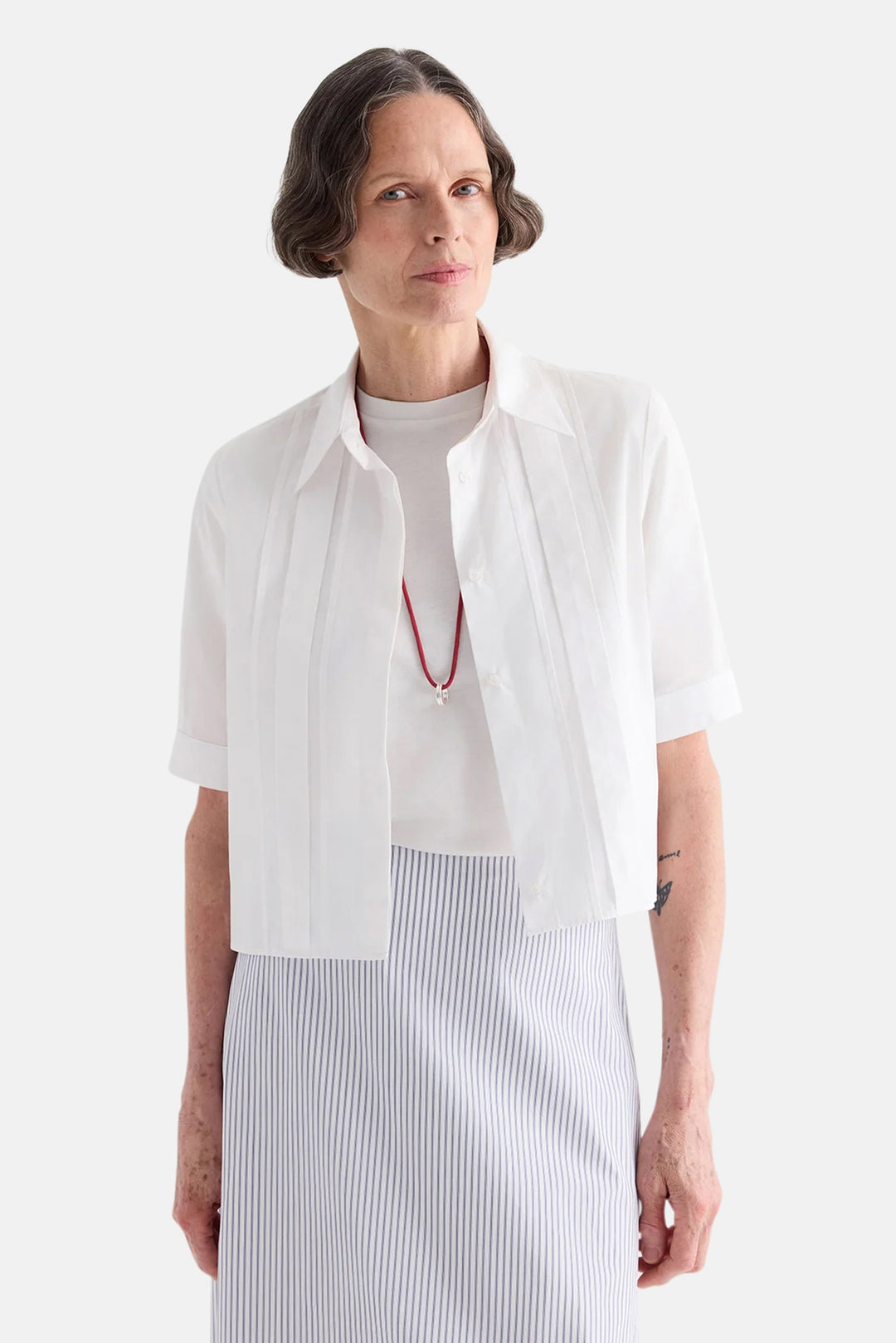 Short Lived Shirt w/ Pleated Placket in Super Compact Poplin White