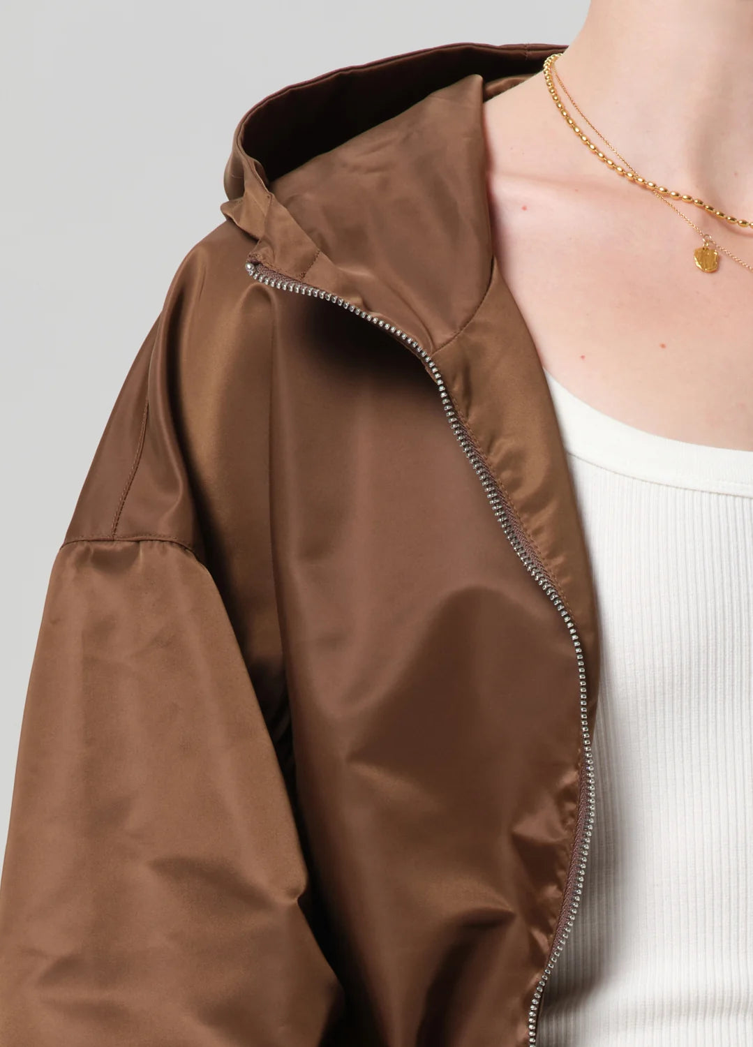 Cropped Nylon Windbreaker in Brown
