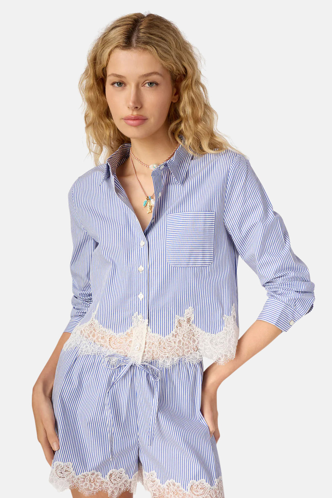 Luisa Cropped Button Down Blue Stripe
