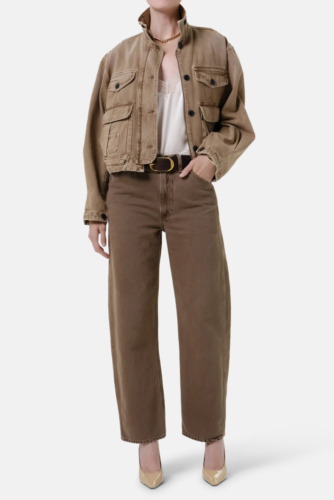 Funnel Collar Barn Jacket In Tan