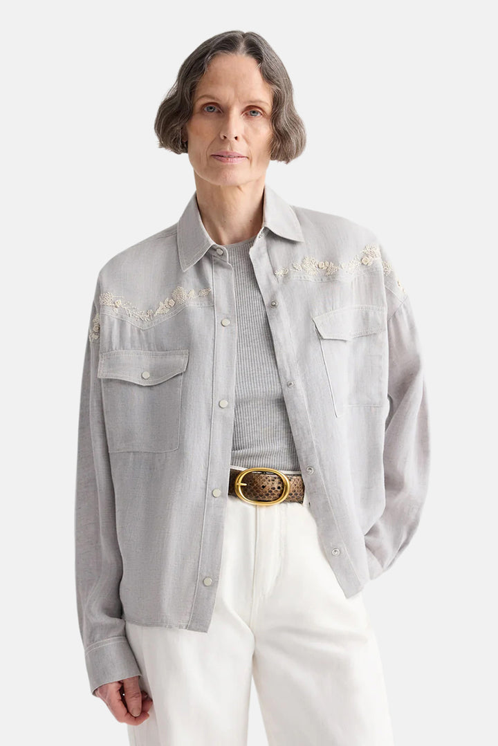 Carter Shirt w/ French Knots in Delave Linen Light Heather Grey