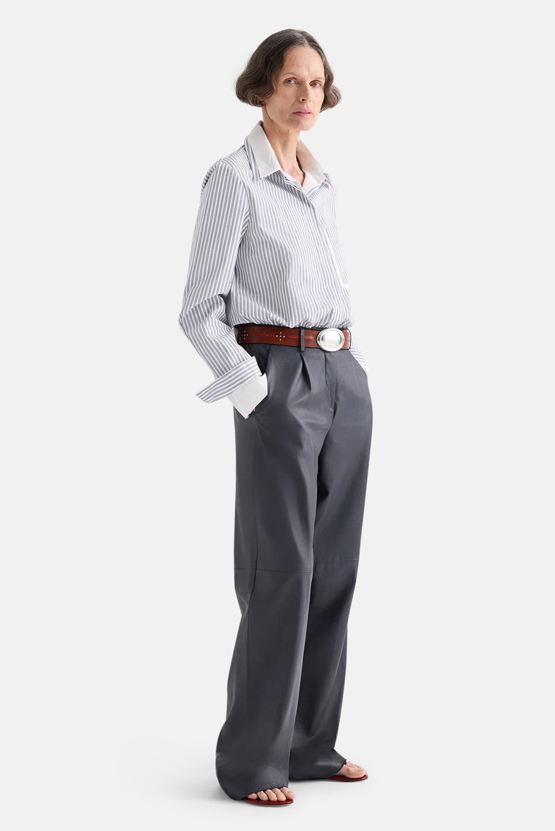 Double Layer Boyfriend Shirt in White/Navy Stripe