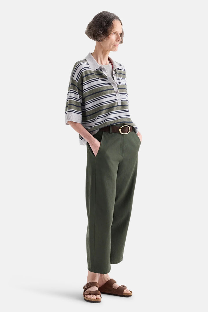 SS Polo Sweater with Stripes in Italian Cashmere Moss/Night Sky/ Light Heather Grey
