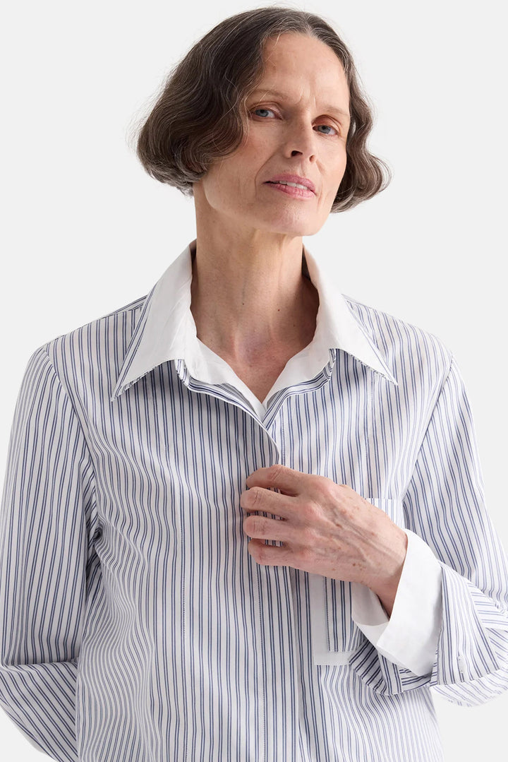 Double Layer Boyfriend Shirt in White/Navy Stripe