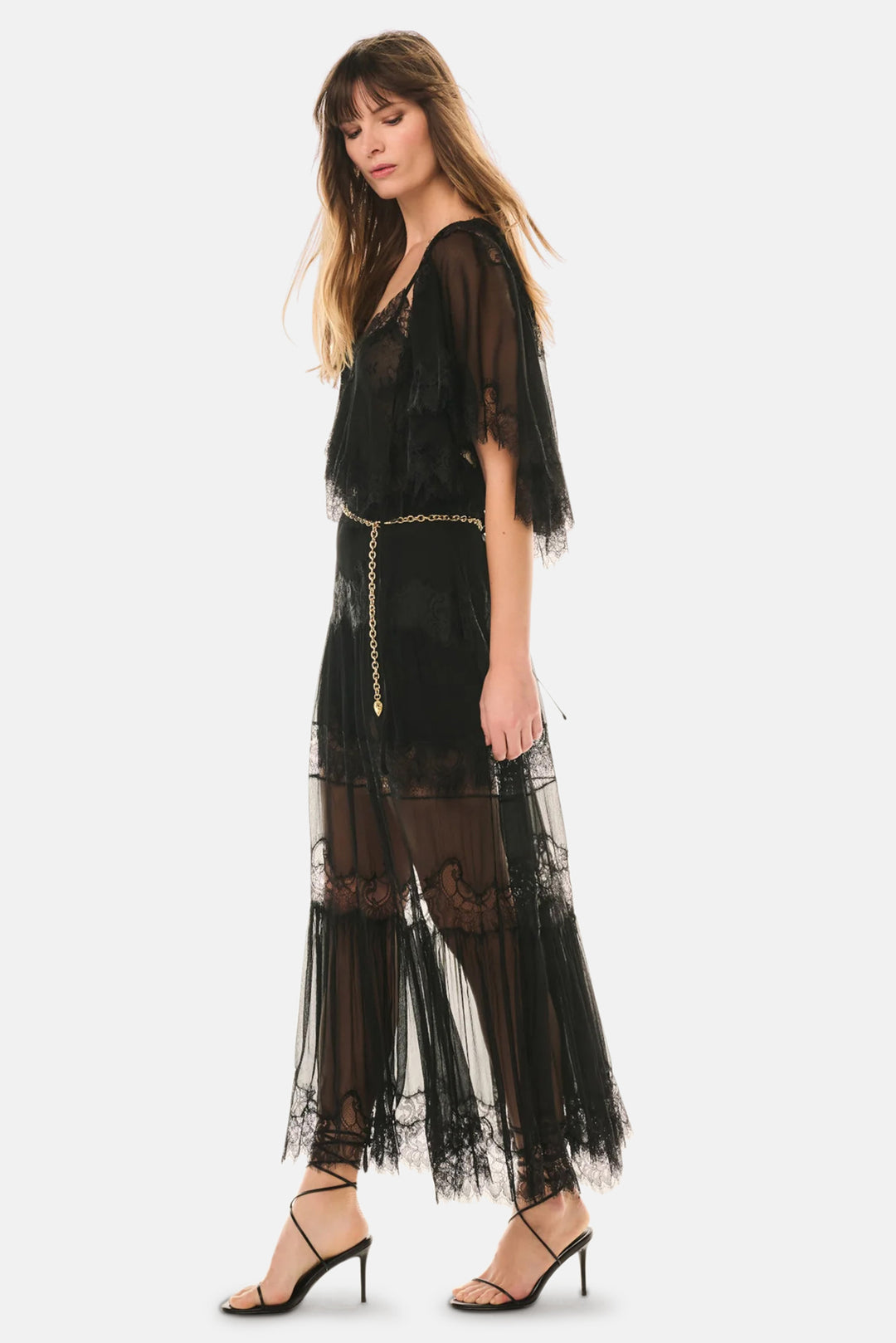 Aureline Silk Lace Pleated Maxi Skirt Black