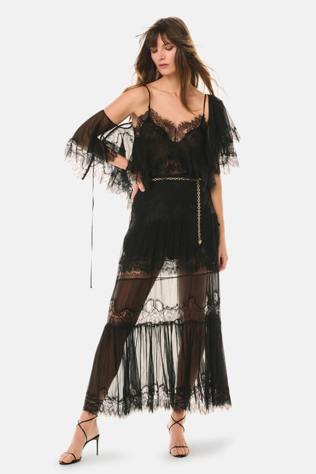 Aureline Silk Lace Pleated Maxi Skirt Black