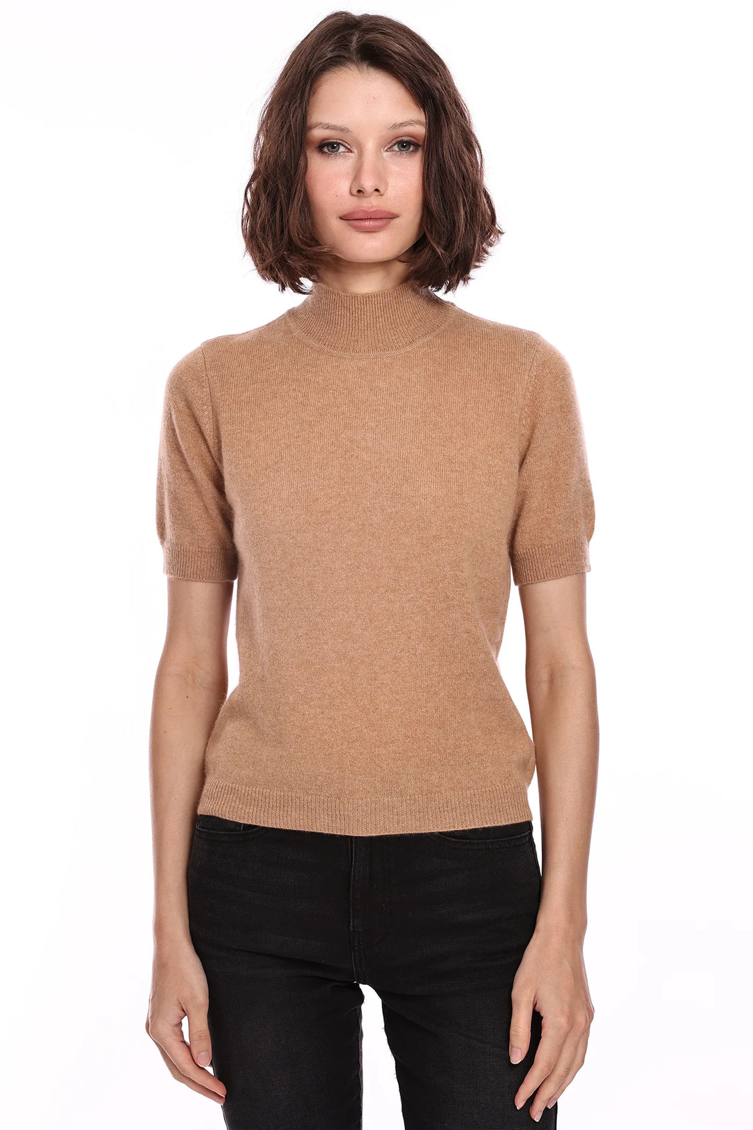 Short Sleeve Mock Neck Top Camel