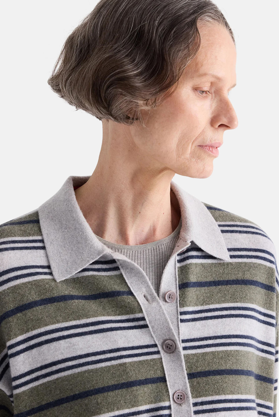 SS Polo Sweater with Stripes in Italian Cashmere Moss/Night Sky/ Light Heather Grey