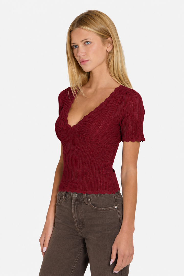 Kaia Pointelle V-Neck Top Burgundy