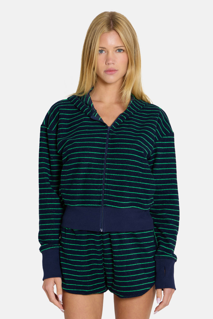 Maisie Terry Zip Up Navy/Green Stripe