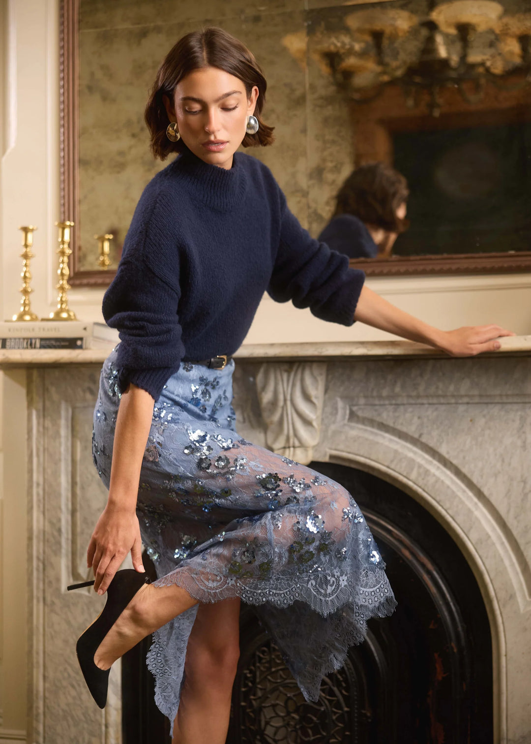 Aylin Sequin Lace Midi Skirt Mist