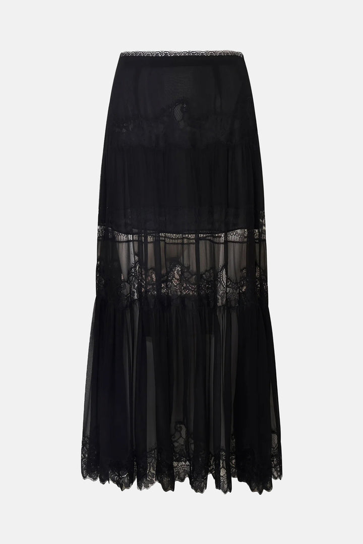 Aureline Silk Lace Pleated Maxi Skirt Black