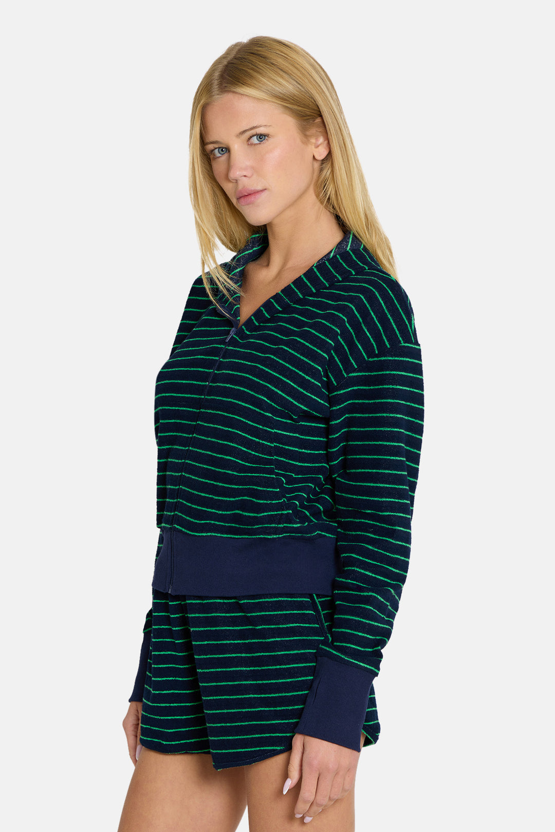 Maisie Terry Zip Up Navy/Green Stripe
