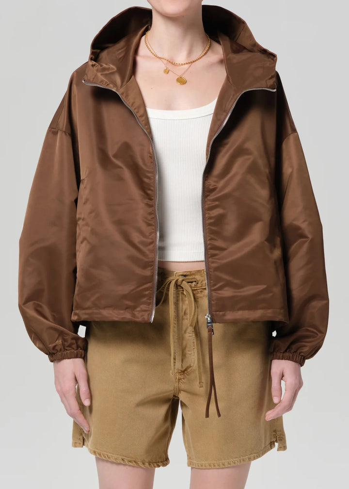 Cropped Nylon Windbreaker in Brown