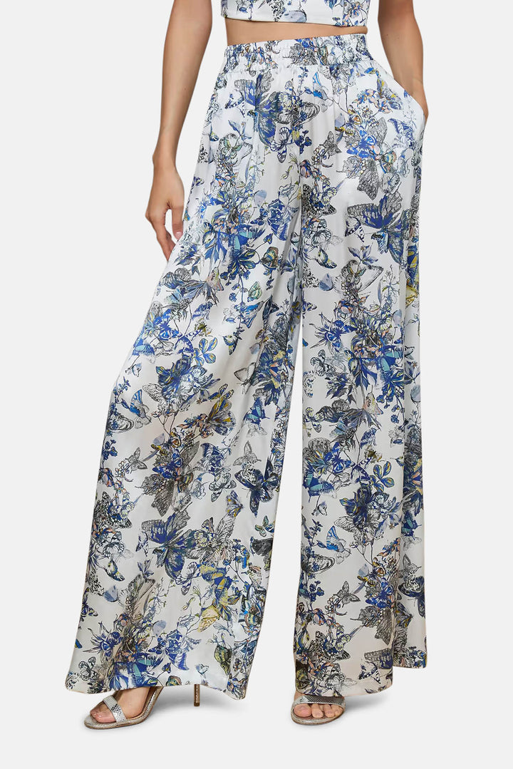 Lillian Silk Wide-Leg Pant Grey Multi Watercolor Butterfly
