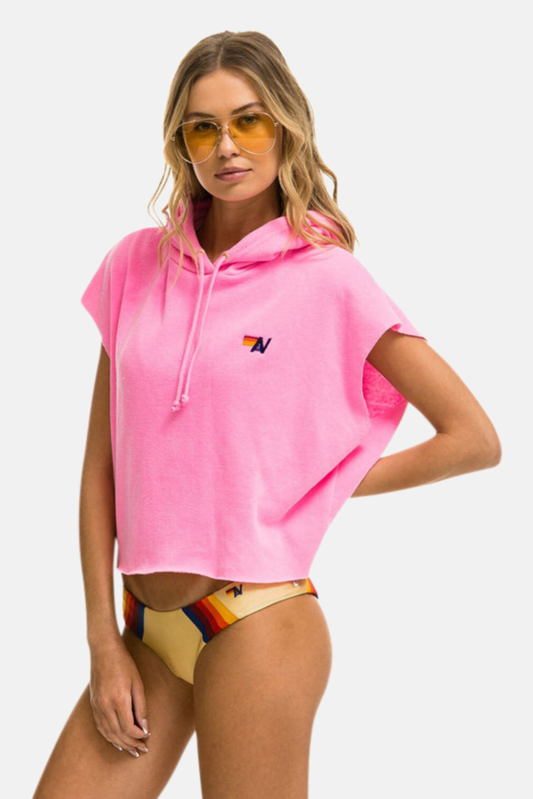 Logo Embroidery Sleeveless Crop Hoodie Neon Pink