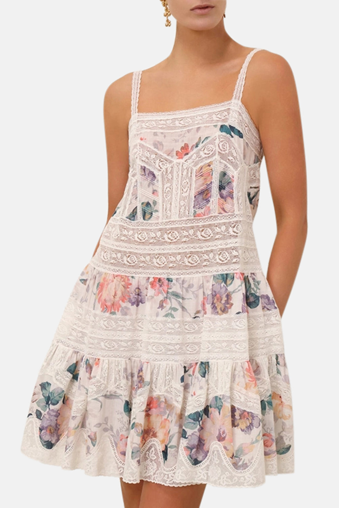 Zimmermann Acacia Lace Trim Mini Dress Cream Multi Floral blueandcream Zimmermann Acacia Lace Trim Mini Dress Cream Multi Floral blueandcream
