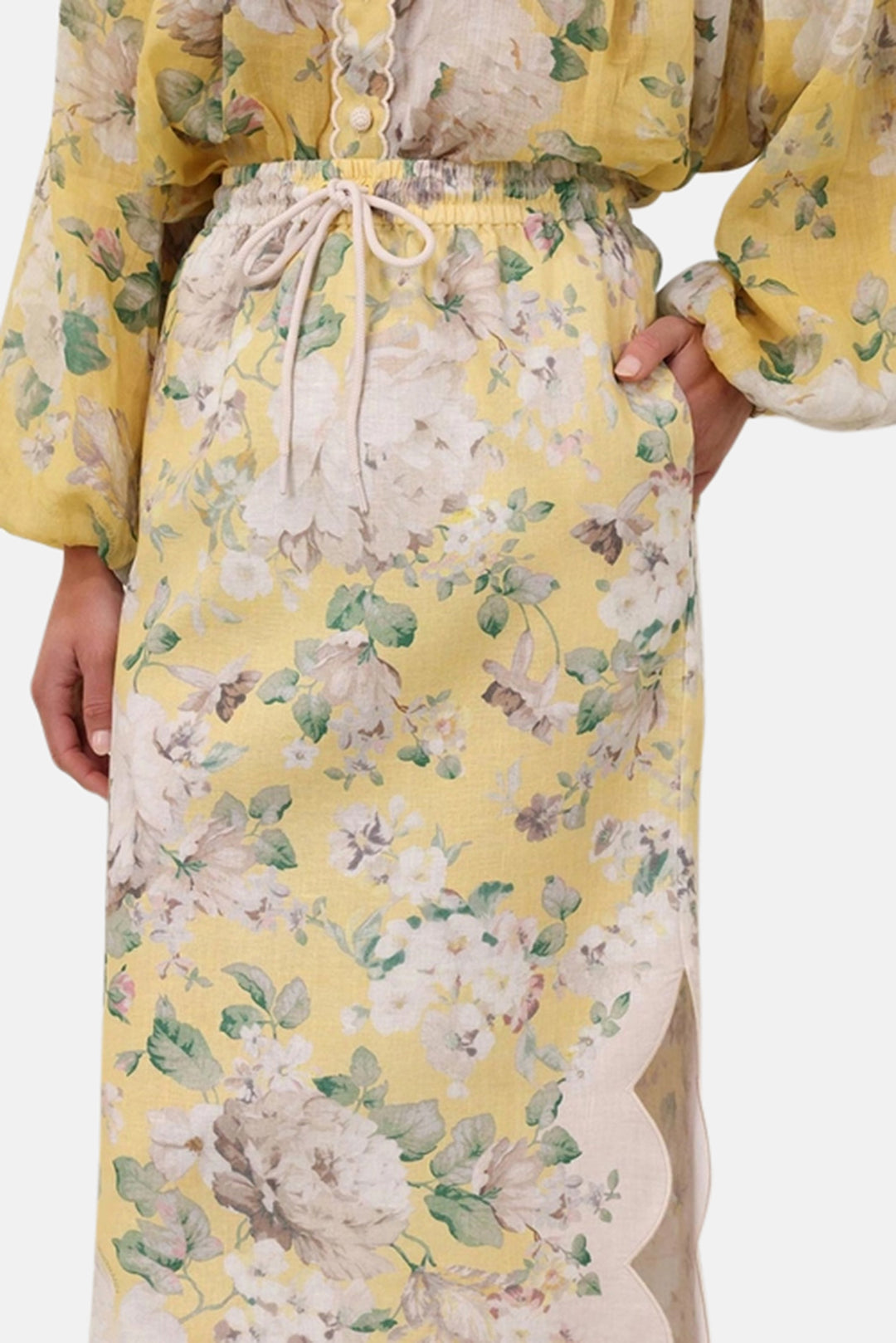 Zimmermann Acacia Scallop Midi Skirt Yellow Floral blueandcream Zimmermann Acacia Scallop Midi Skirt Yellow Floral blueandcream