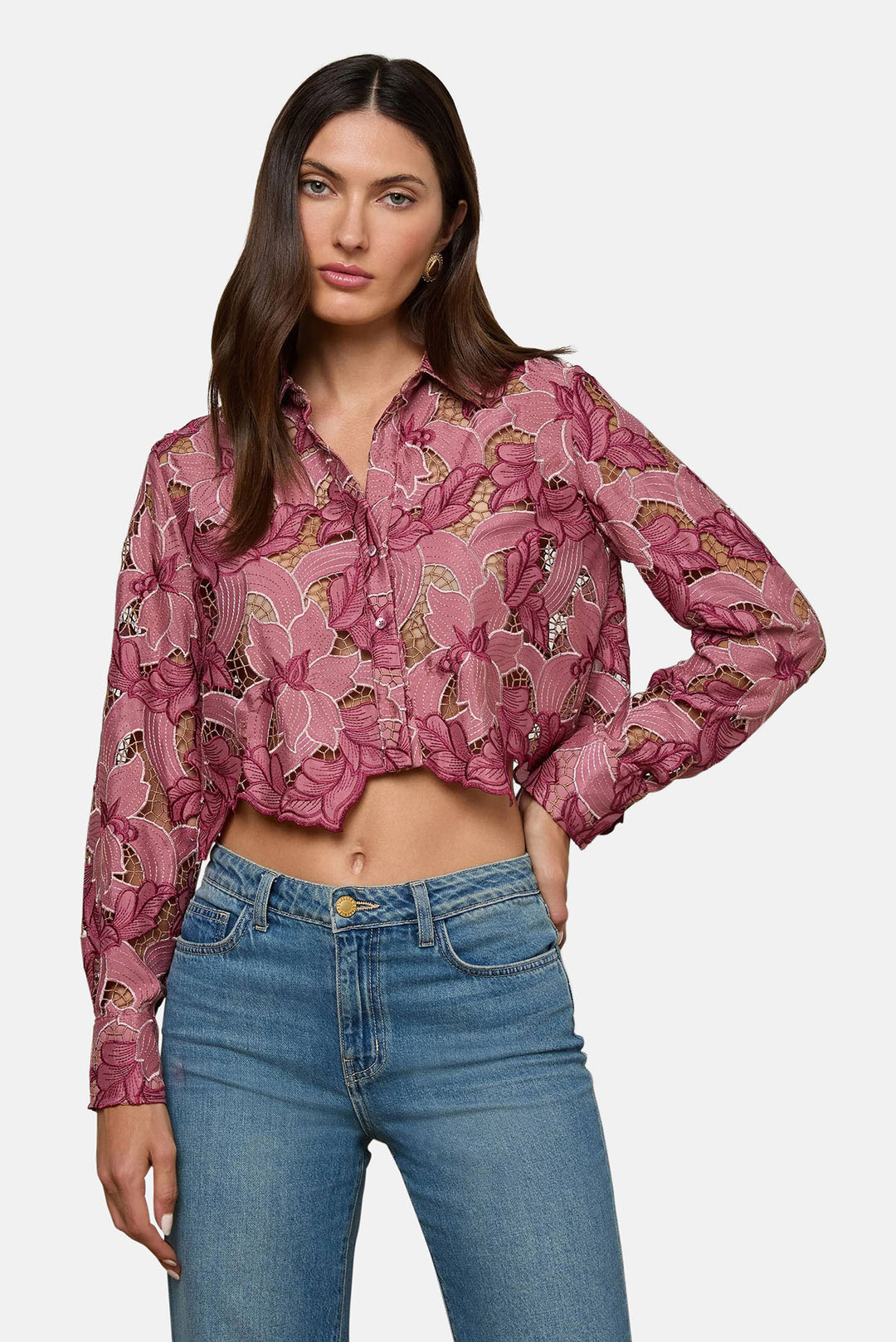 Akemi Cropped Lace Blouse Mauve Multi Colored Eyelet