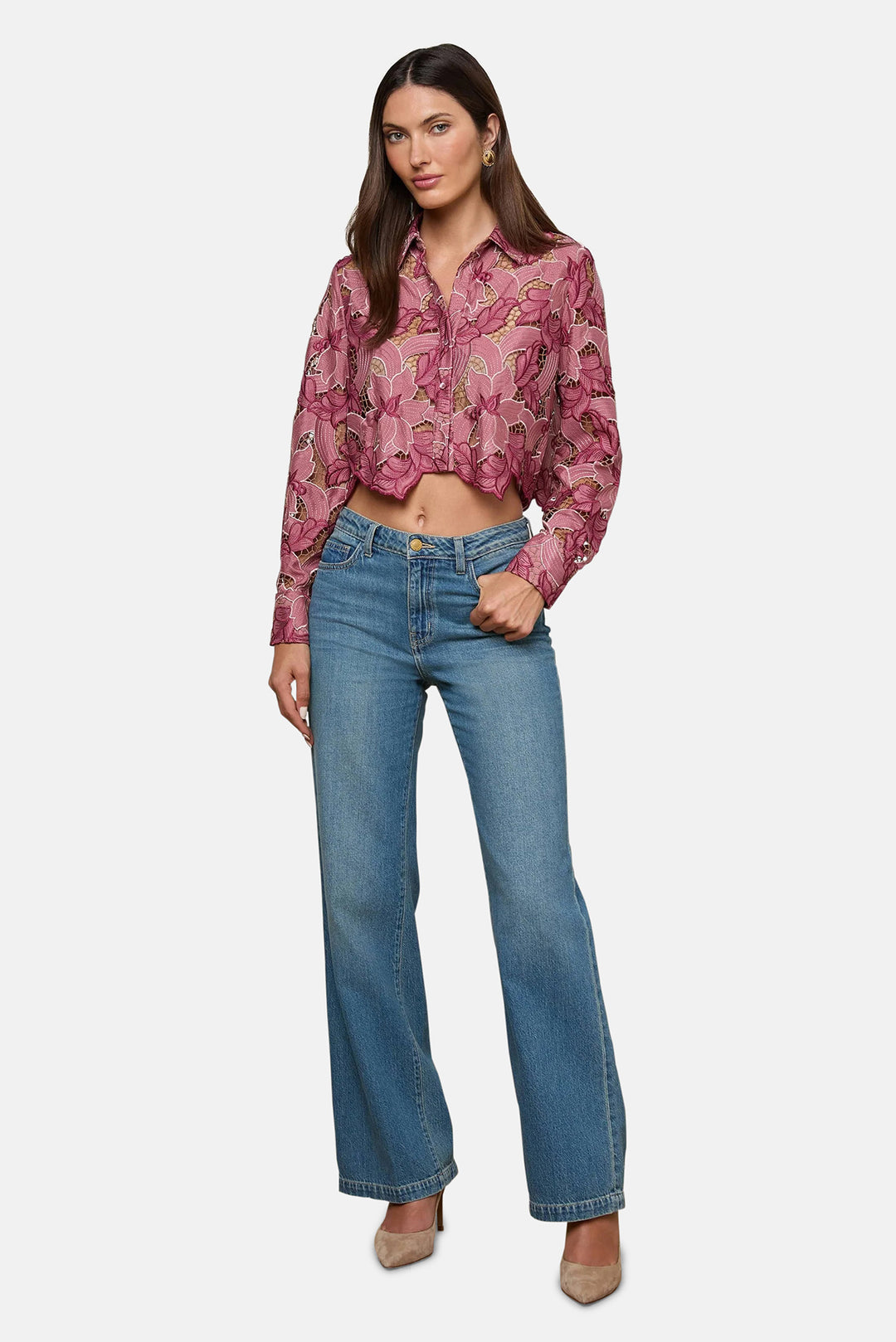 Akemi Cropped Lace Blouse Mauve Multi Colored Eyelet