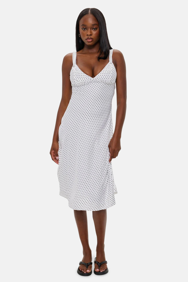 Aurora Satin Midi Dress White Polka Dot