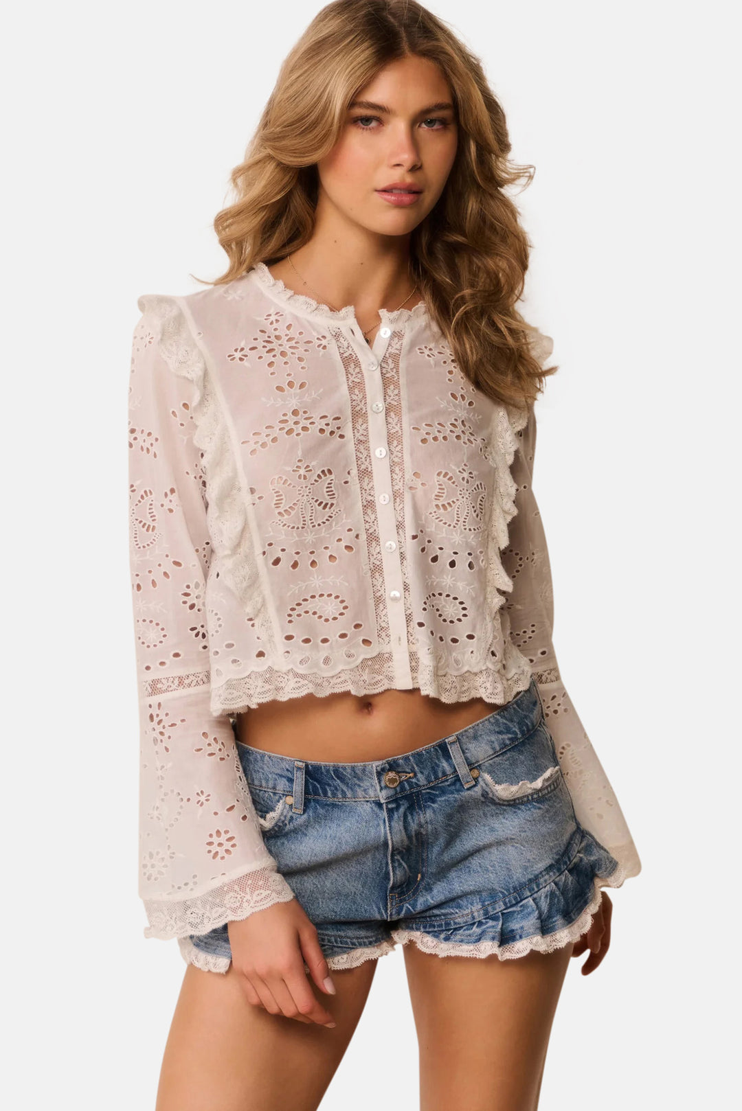 Azalure Denim Ruffle Mini Shorts Faded Blue