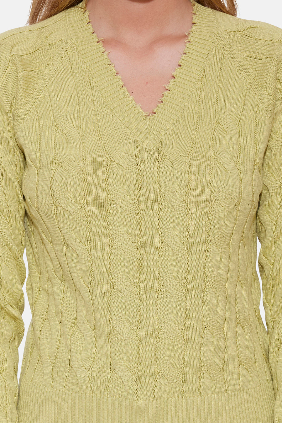 Amber Cable V Neck Sweater Leek Green